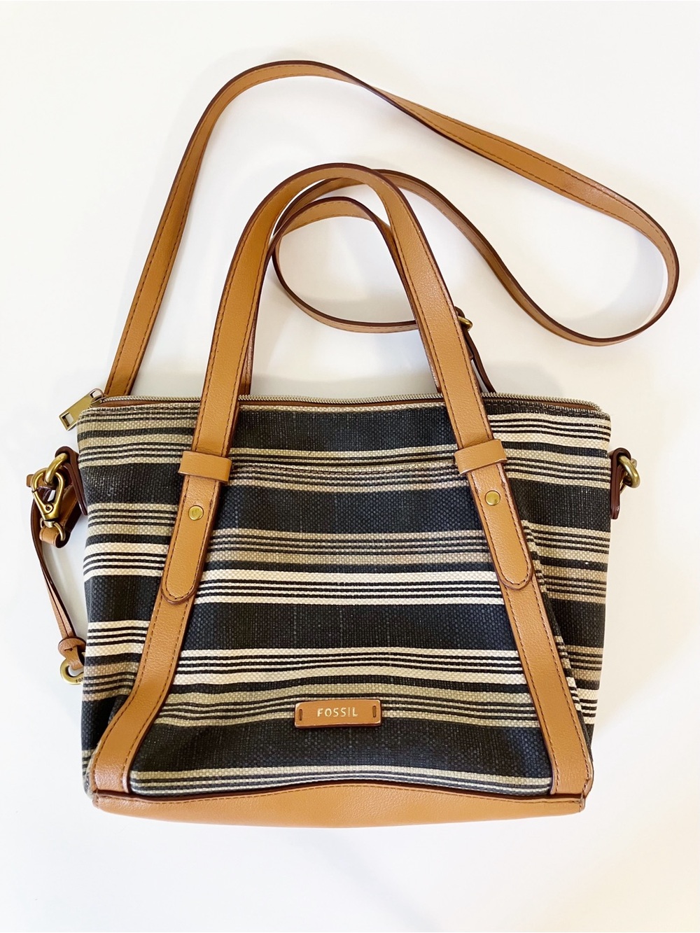 Fossil | Avondale Striped Canvas Satchel Crossbody Bag Boho Chic Euro Summer